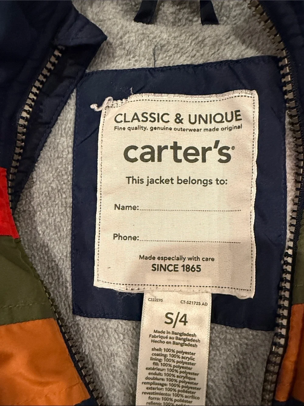 Carter's Colorblock Puffer Jacket in Navy, Red, Olive & Orange
